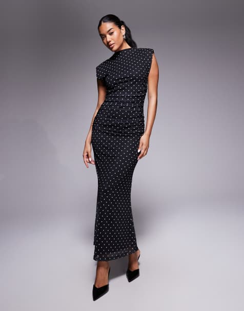 ASOS DESIGN high neck detail maxi dress with shoulder pads in polka dot - view 1