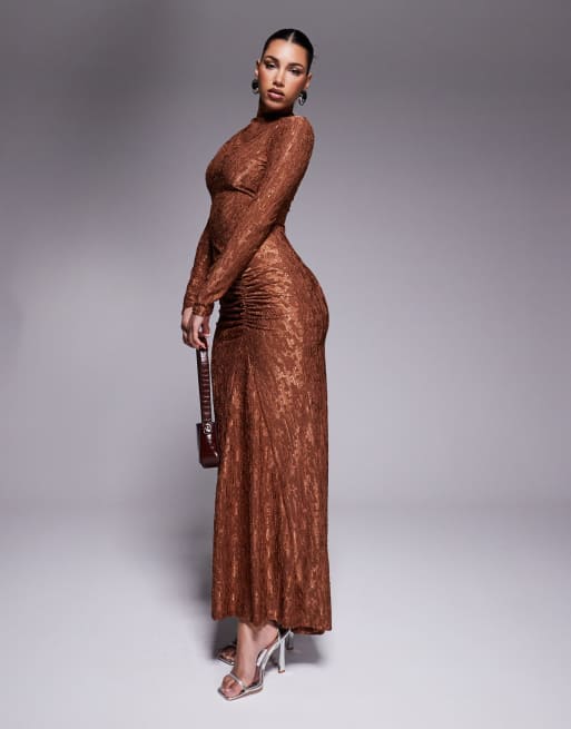 ASOS DESIGN high neck devore maxi dress with ruched skirt detail in chocolate, 2 of 4