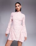 [ASOS DESIGN] ASOS DESIGN high neck devore mini dress with flutter full length sleeves and godet inserts in light pink 10 Light pink