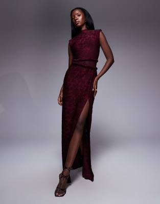 Asos Design High Neck Devore Twist Detail Maxi Dress With Sheer Panel In Red