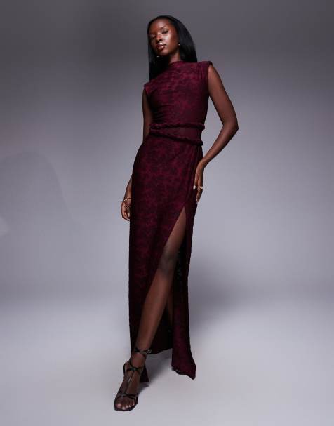 ASOS DESIGN high neck devore twist detail maxi dress with sheer panel in burgundy - view 1