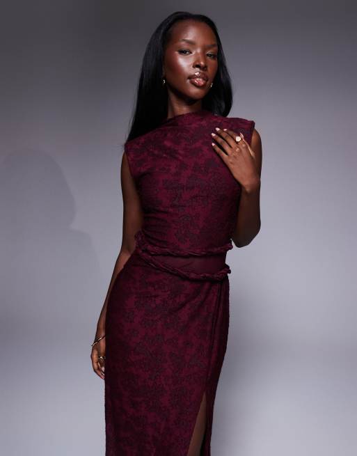 ASOS DESIGN high neck devore twist detail maxi dress with sheer panel in burgundy
