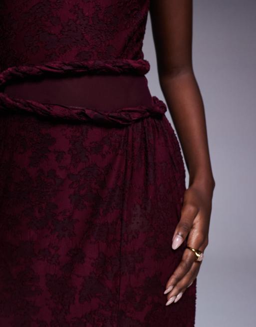 ASOS DESIGN high neck devore twist detail maxi dress with sheer panel in burgundy