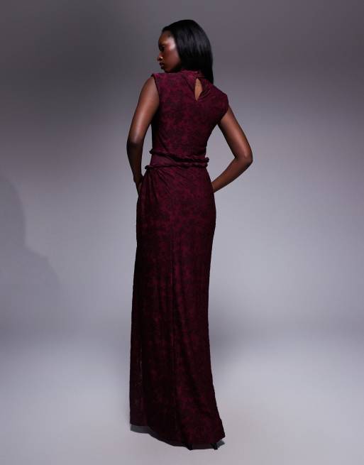 ASOS DESIGN high neck devore twist detail maxi dress with sheer panel in burgundy