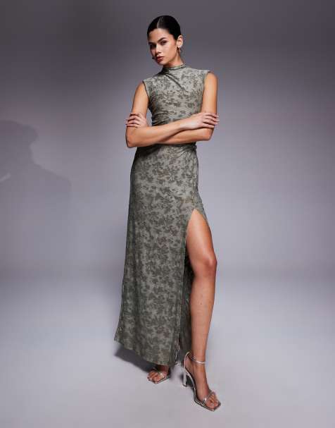 ASOS DESIGN high neck devore twist detail maxi dress with sheer panel in khaki - view 1