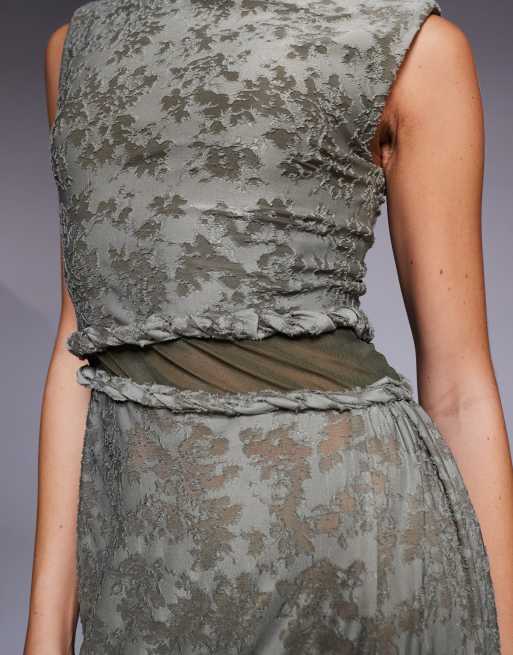 ASOS DESIGN high neck devore twist detail maxi dress with sheer panel in khaki, 3 of 4