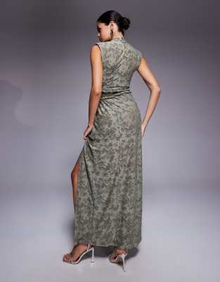 Asos Design High Neck Devore Twisted Detail Maxi Dress With Sheer Panel In Gray
