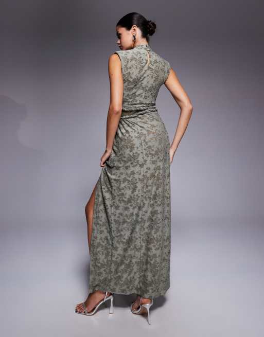 ASOS DESIGN high neck devore twisted detail maxi dress with sheer panel in khaki green