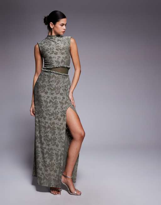 ASOS DESIGN high neck devore twisted detail maxi dress with sheer panel in khaki green