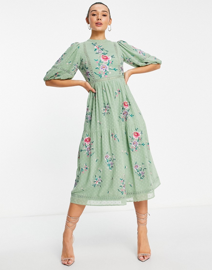 ASOS DESIGN high neck dobby embroidered midi dress with lace trims in soft green