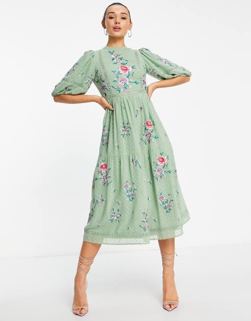 ASOS DESIGN high neck dobby embroidered midi dress with lace trims in soft green