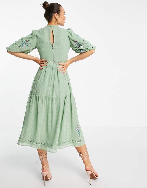 ASOS DESIGN high neck dobby embroidered midi dress with lace trims in soft green