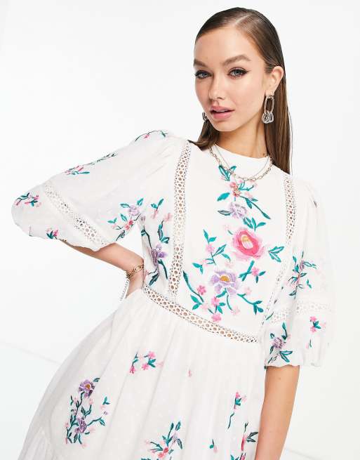 Asos design embroidered midi 2024 dress with lace trims