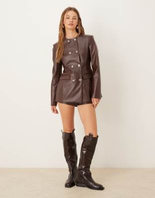 Asos Design High Neck Double Breasted Blazer In Brown