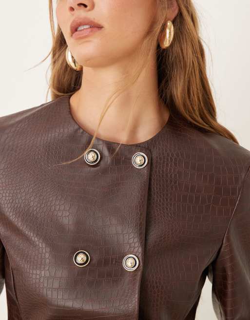 ASOS DESIGN high neck double breasted blazer in chocolate croc PU, 3 of 4