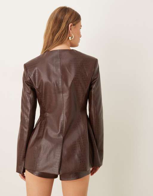 ASOS DESIGN high neck double breasted blazer in chocolate croc PU