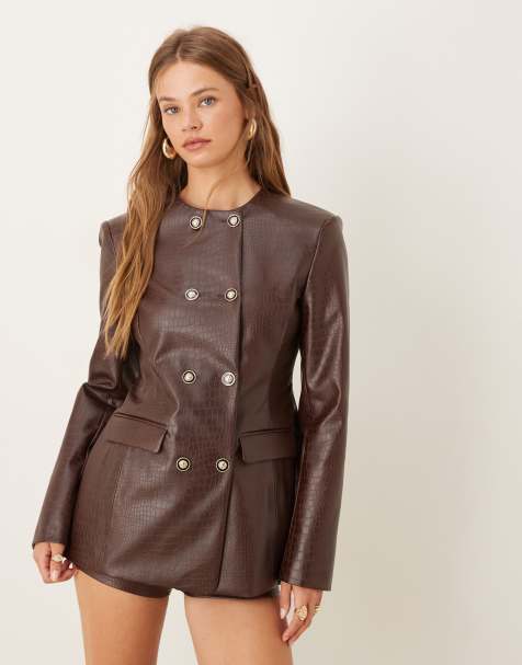 ASOS DESIGN high neck double breasted blazer in croc PU in chocolate (part of a set) - view 1