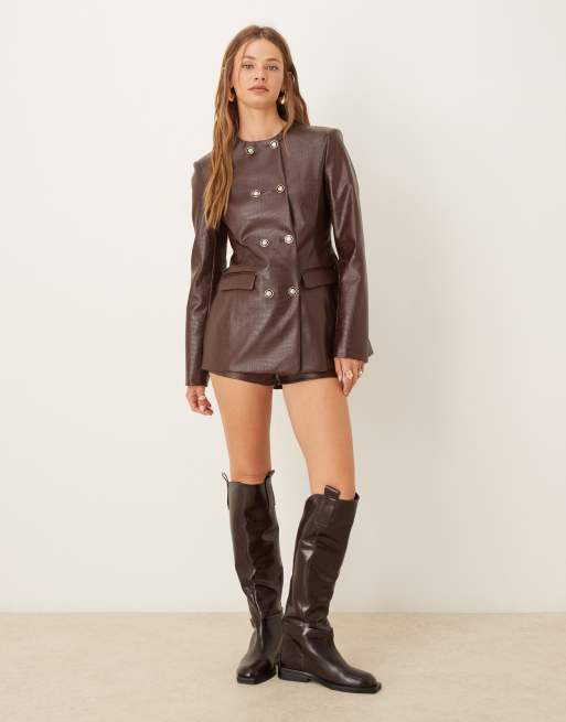 ASOS DESIGN high neck double breasted blazer in croc PU in chocolate (part of a set), 2 of 4