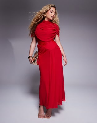 Asos Design High Neck Double Cowl Detail Midaxi Dress With Ruched Waist Seam In Red