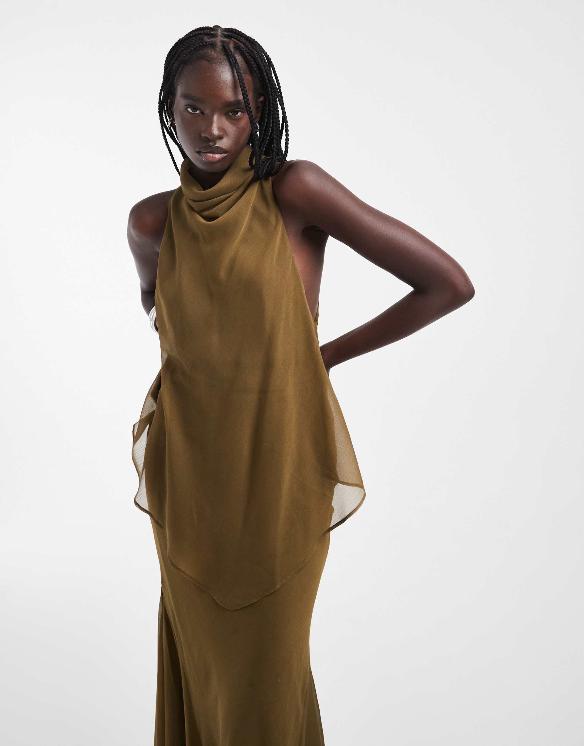 asos design high neck double layer chiffon maxi dress in olive green