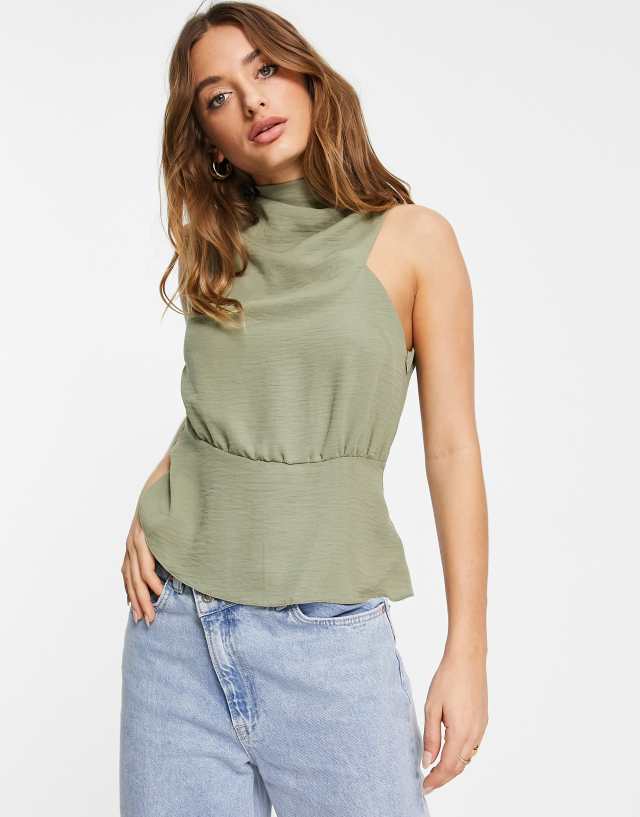 ASOS DESIGN high neck drape asymmetric top with peplum hem in khaki