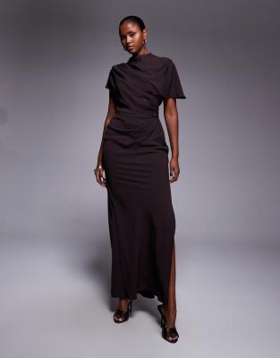 Asos Design High Neck Drape Bodice Cape Maxi Dress In Brown