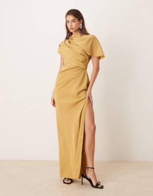 asos design high neck drape bodice cape maxi dress in ochre