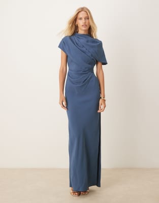 high neck drape bodice cape maxi dress in slate blue