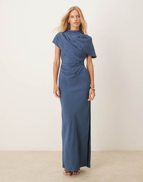 ASOS DESIGN high neck drape bodice cape maxi dress in slate blue - view 1