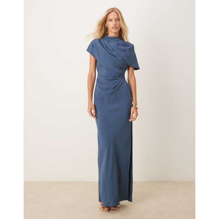 ASOS DESIGN high neck drape bodice cape maxi dress in slate blue | ASOS