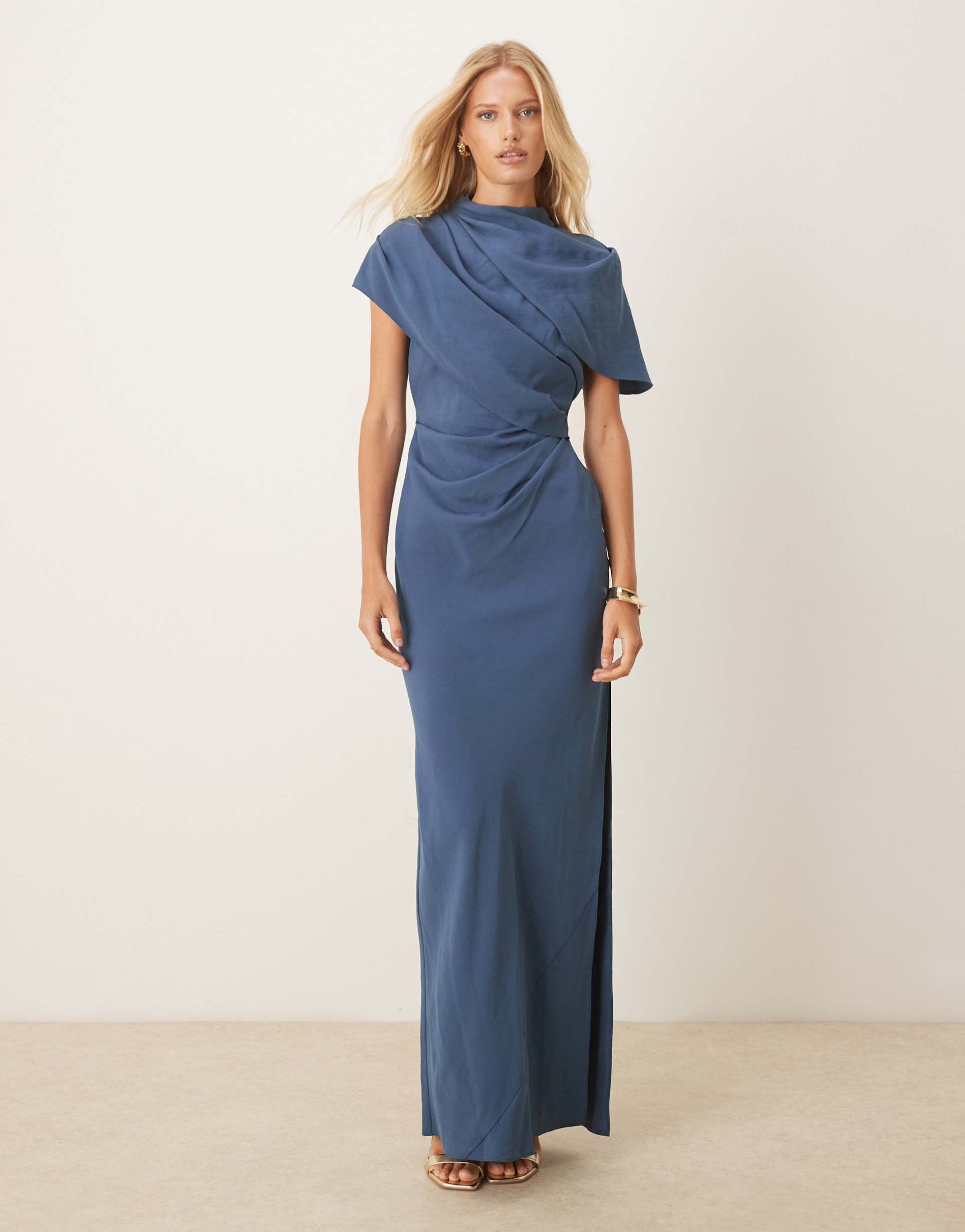 asos design high neck drape bodice cape maxi dress in slate blue