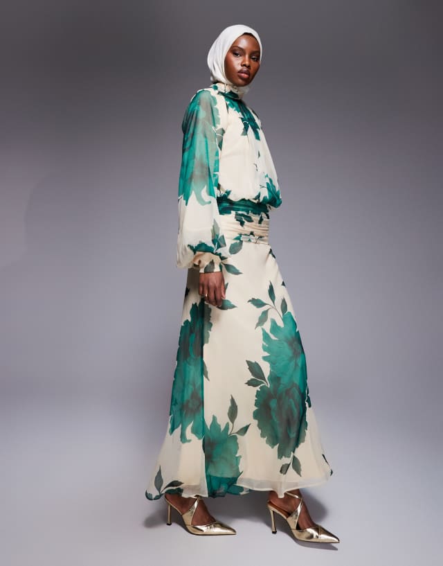 ASOS Design High Neck Drape Chiffon Maxi Dress with Neck Tie in Green Floral print-Multi