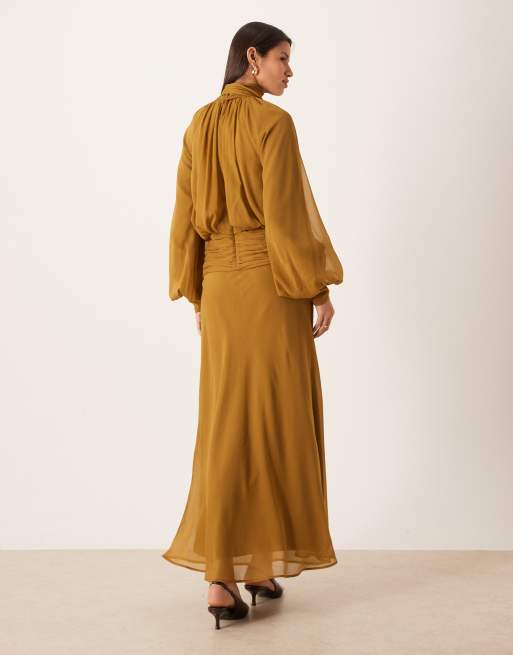 ASOS DESIGN high neck drape chiffon maxi dress with neck tie in khaki, 3 of 4