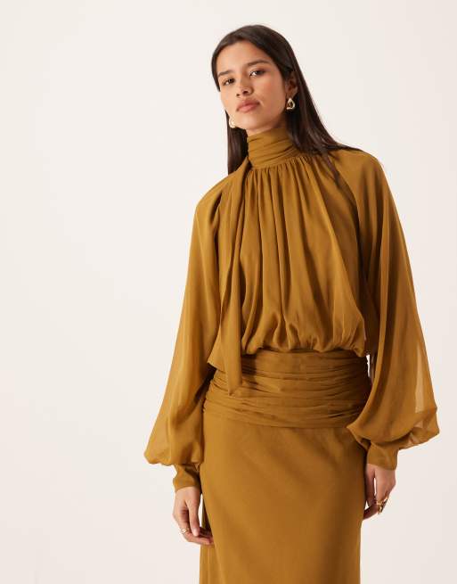 ASOS DESIGN high neck drape chiffon maxi dress with neck tie in khaki, 4 of 4