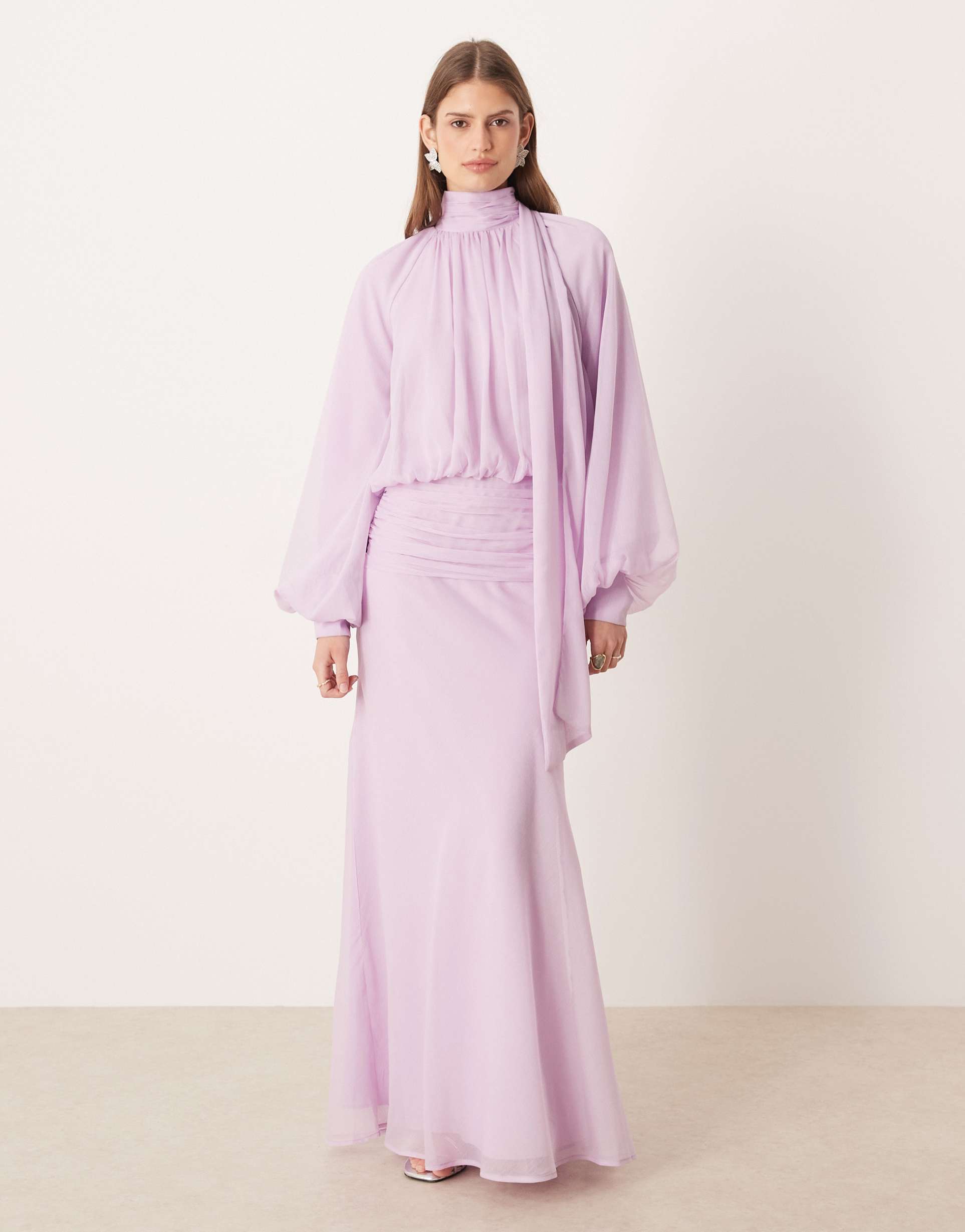 asos design high neck drape chiffon maxi dress with neck tie in lilac