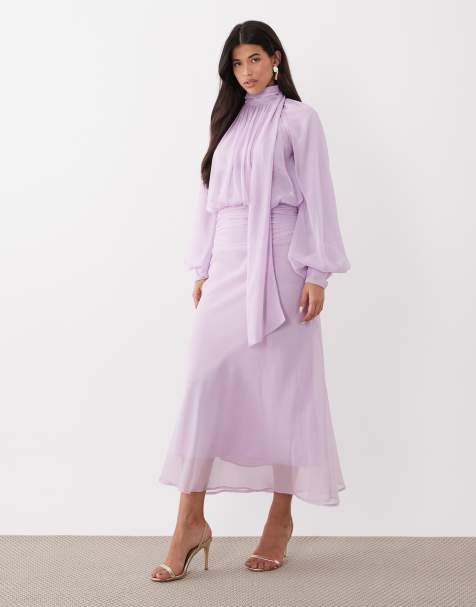 ASOS DESIGN high neck drape chiffon maxi dress with neck tie in lilac