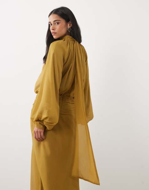 ASOS DESIGN high neck drape chiffon maxi dress with neck tie in ochre - view 1