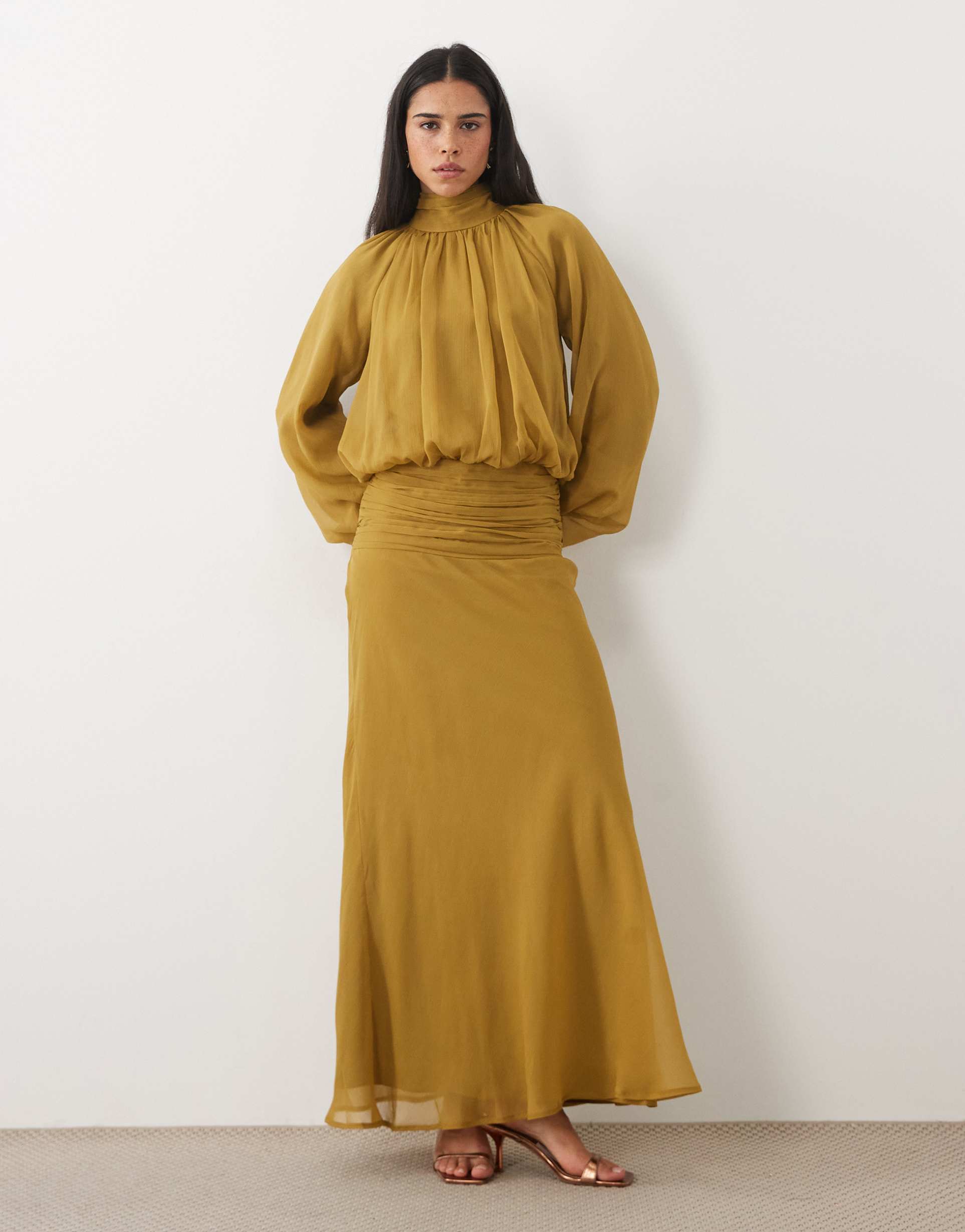asos design high neck drape chiffon maxi dress with neck tie in ochre