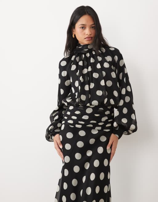 ASOS DESIGN high neck drape chiffon maxi dress with neck tie in oversized mono spot print, 2 of 4
