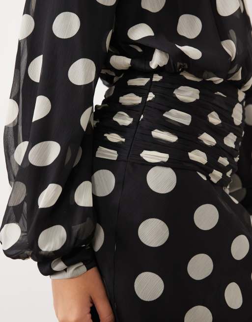 ASOS DESIGN high neck drape chiffon maxi dress with neck tie in oversized mono spot print, 3 of 4
