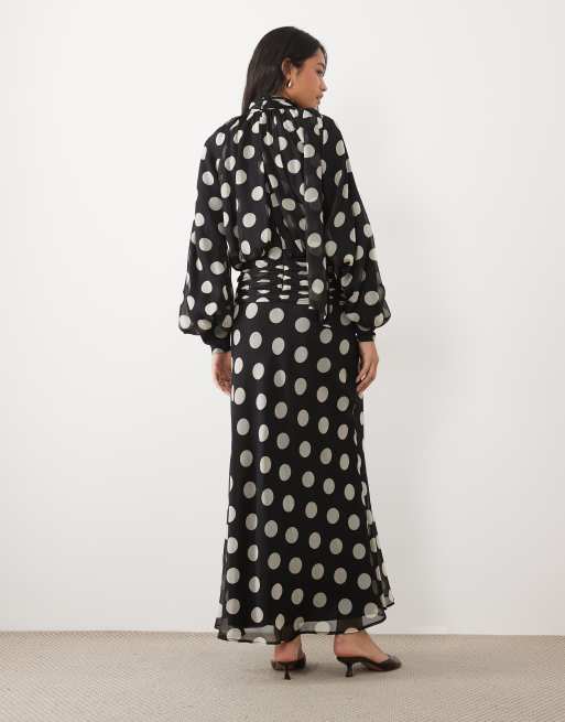 ASOS DESIGN high neck drape chiffon maxi dress with neck tie in oversized mono spot print, 4 of 4