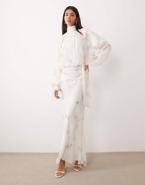 ASOS DESIGN high neck drape chiffon maxi dress with neck tie in pink floral print