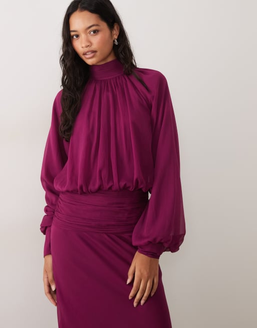 ASOS DESIGN high neck drape chiffon maxi dress with neck tie in purple, 2 of 4