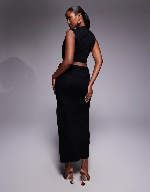 ASOS DESIGN high neck drape detail midi dress with cutout waist in black, 3 of 4