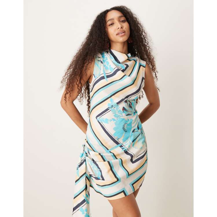 asos design mini scarf print tie detail dress ASOS Design - One Sleeve Draped Mini Dress - Women - Polyester/Spandex - 8 US
