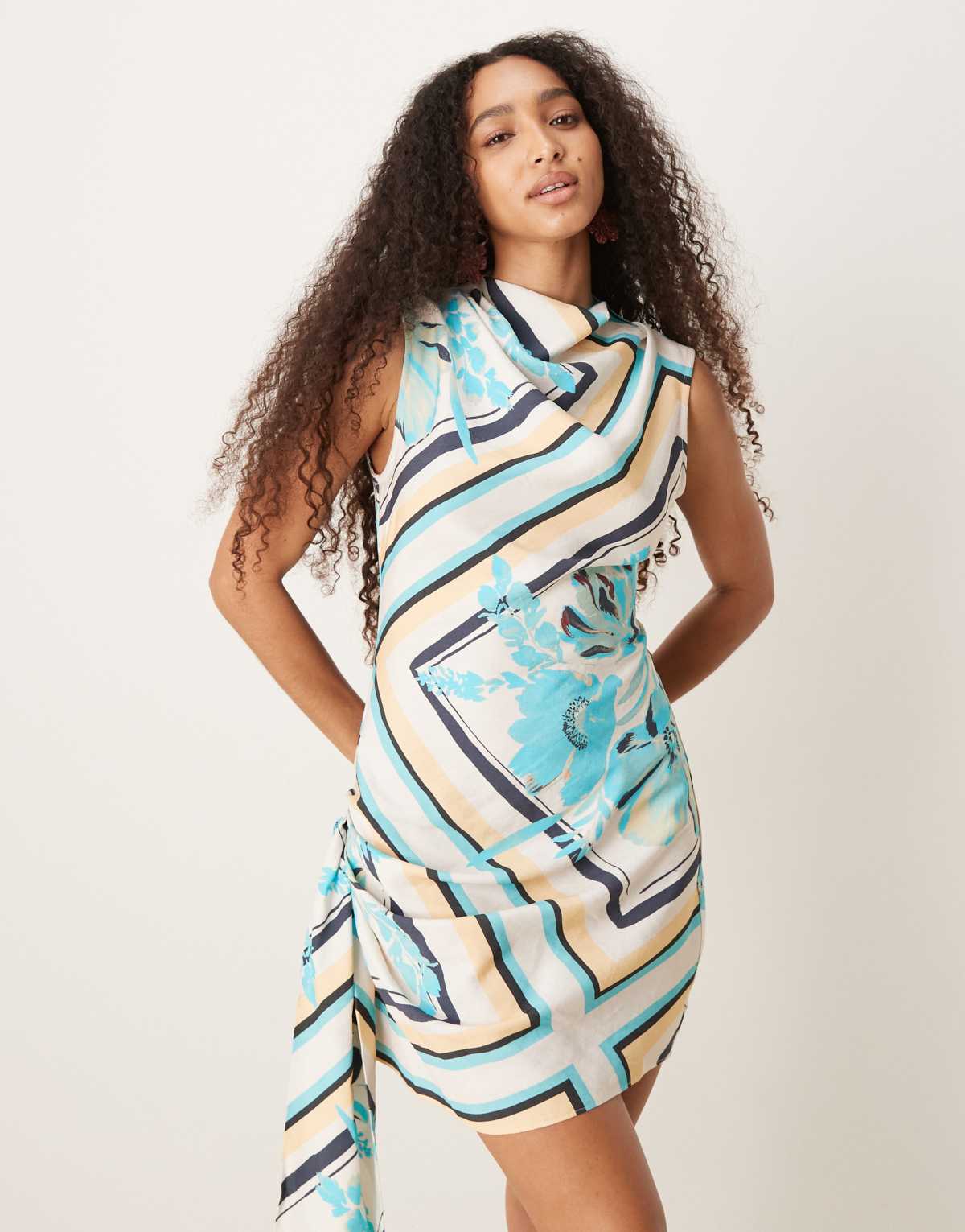 ASOS DESIGN high neck drape detail mini dress in scarf print