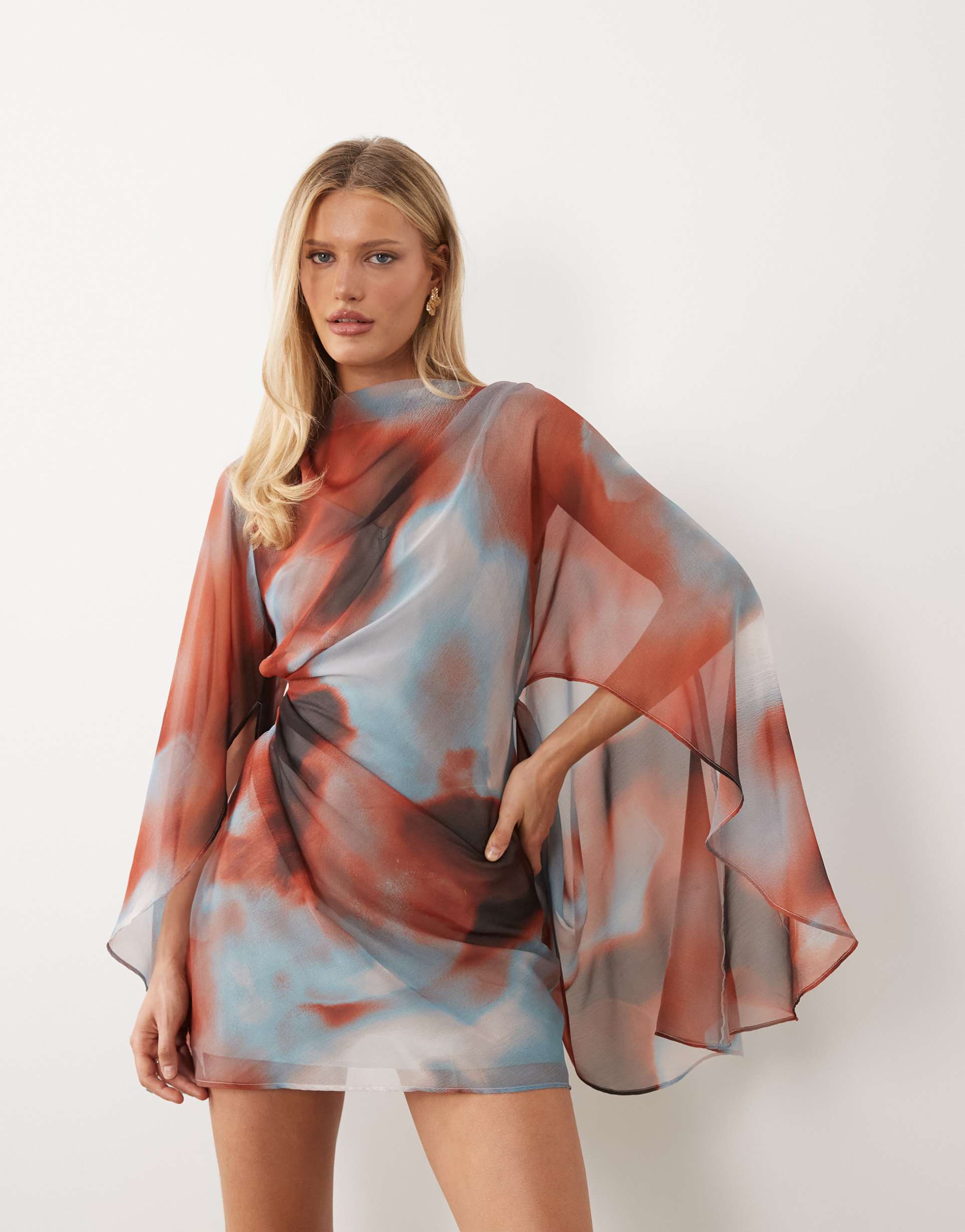 asos design high neck drape front extreme cape sleeve mini dress in abstract print