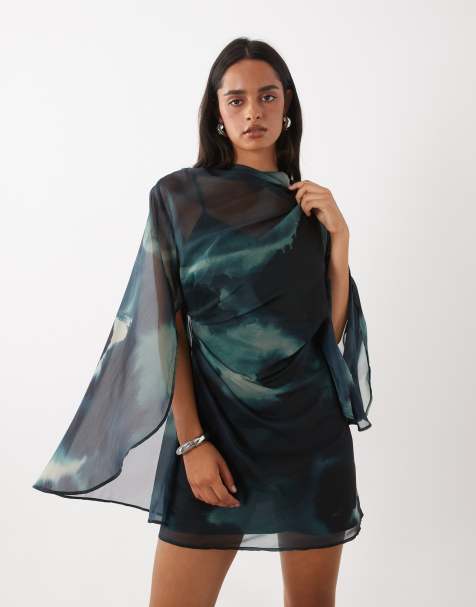 ASOS DESIGN high neck drape front extreme cape sleeve mini dress in blue grey abstract - view 1