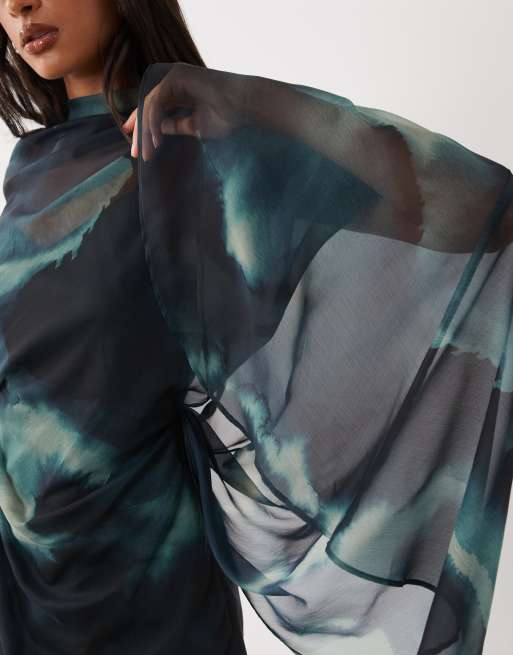 ASOS DESIGN high neck drape front extreme cape sleeve mini dress in blue grey abstract, 3 of 4