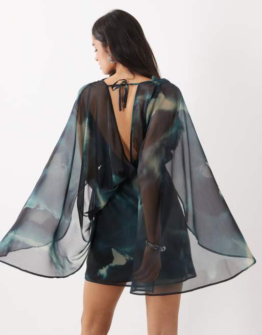 ASOS DESIGN high neck drape front extreme cape sleeve mini dress in blue grey abstract, 4 of 4